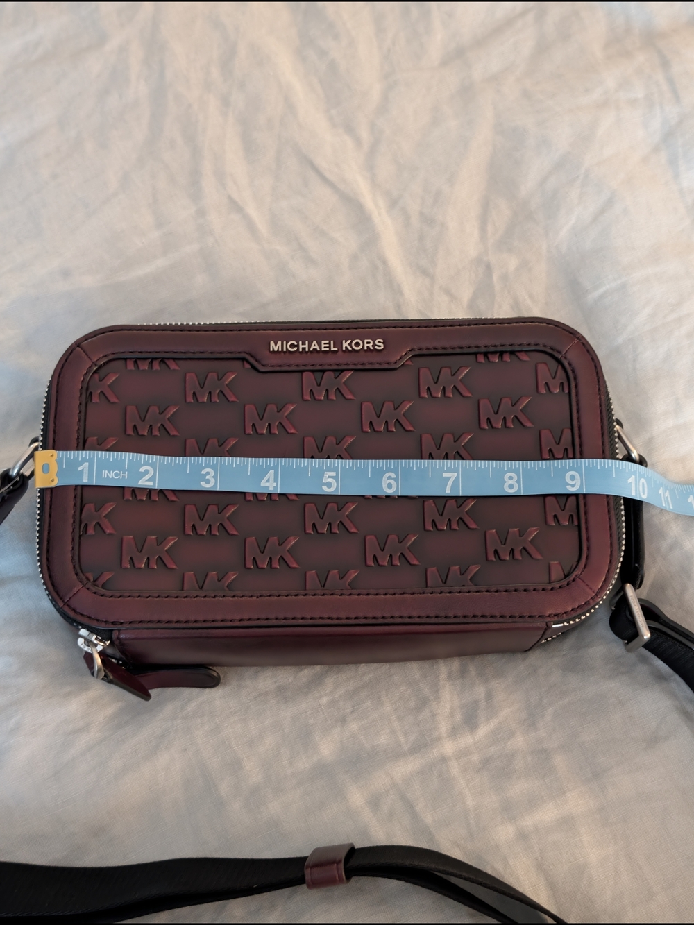 Michael Kors Men's MK Raised Logo Burgandy Burnished Leather Crossbody Bag - Picture 11 of 14